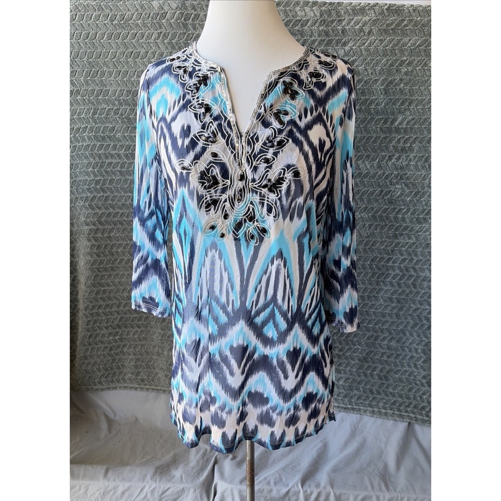 Beach Cover Up Women Large Blue Sequin Geometric Ikat Mesh V-Neck Beachwear